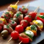 Assortiment de brochettes apéro garnies de légumes et viandes