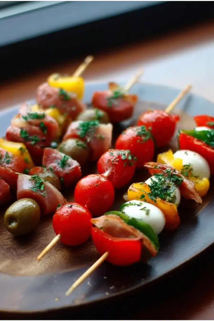 Assortiment de brochettes apéro garnies de légumes et viandes