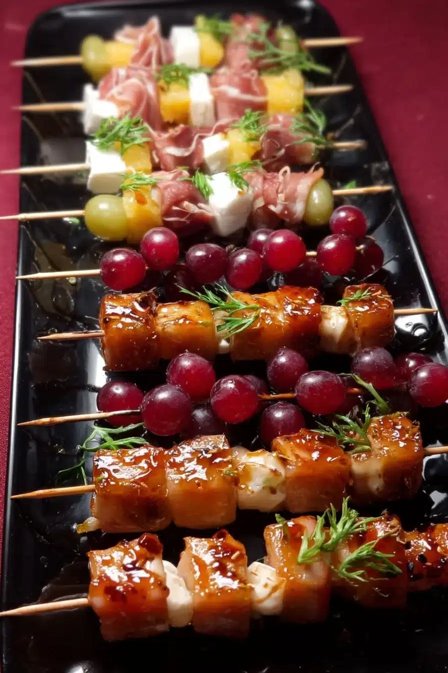 Delicieuses brochettes apéritives prêtes à être servies lors d'un apéritif convivial.