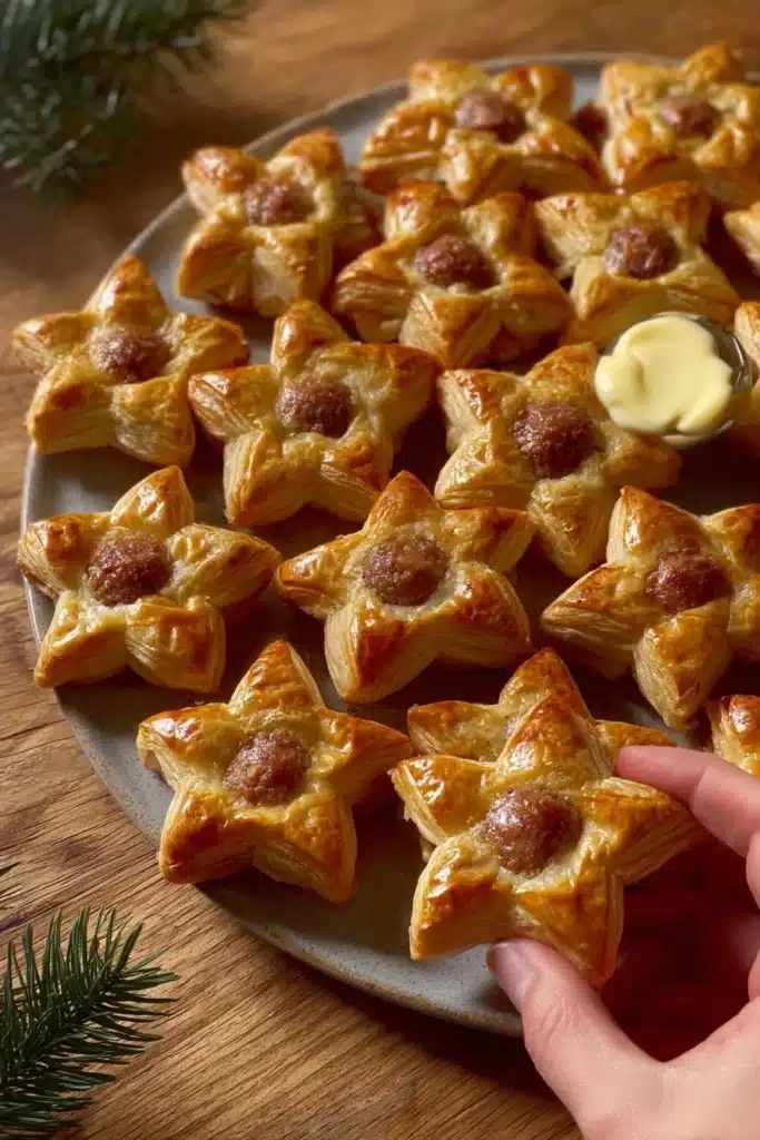 Feuilletés saucisses en étoile dorées, parfait pour un repas de Noël