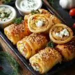 Roulés de feta au four épicés présentés sur une assiette garnie.