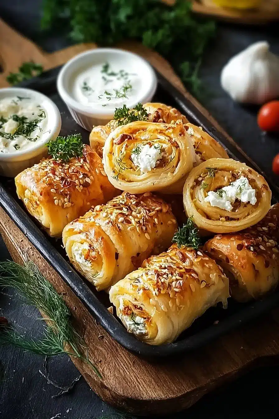 Roulés de feta au four épicés présentés sur une assiette garnie.