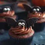 bat Cupcake en forme de chauve-souris pour Halloween, décoré de chocolat et d'yeux en sucre.