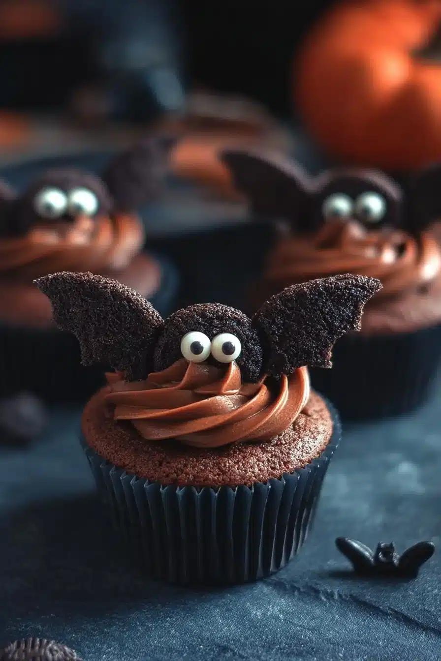 bat Cupcake en forme de chauve-souris pour Halloween, décoré de chocolat et d'yeux en sucre.