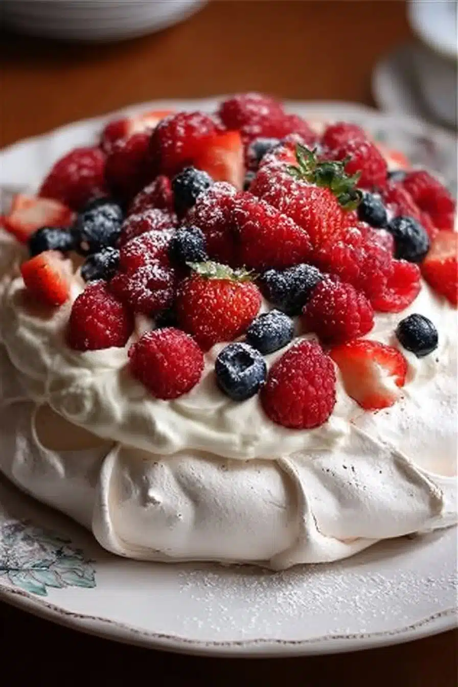 Recette facile de Pavlova avec une meringue croustillante et une garniture fruitée.