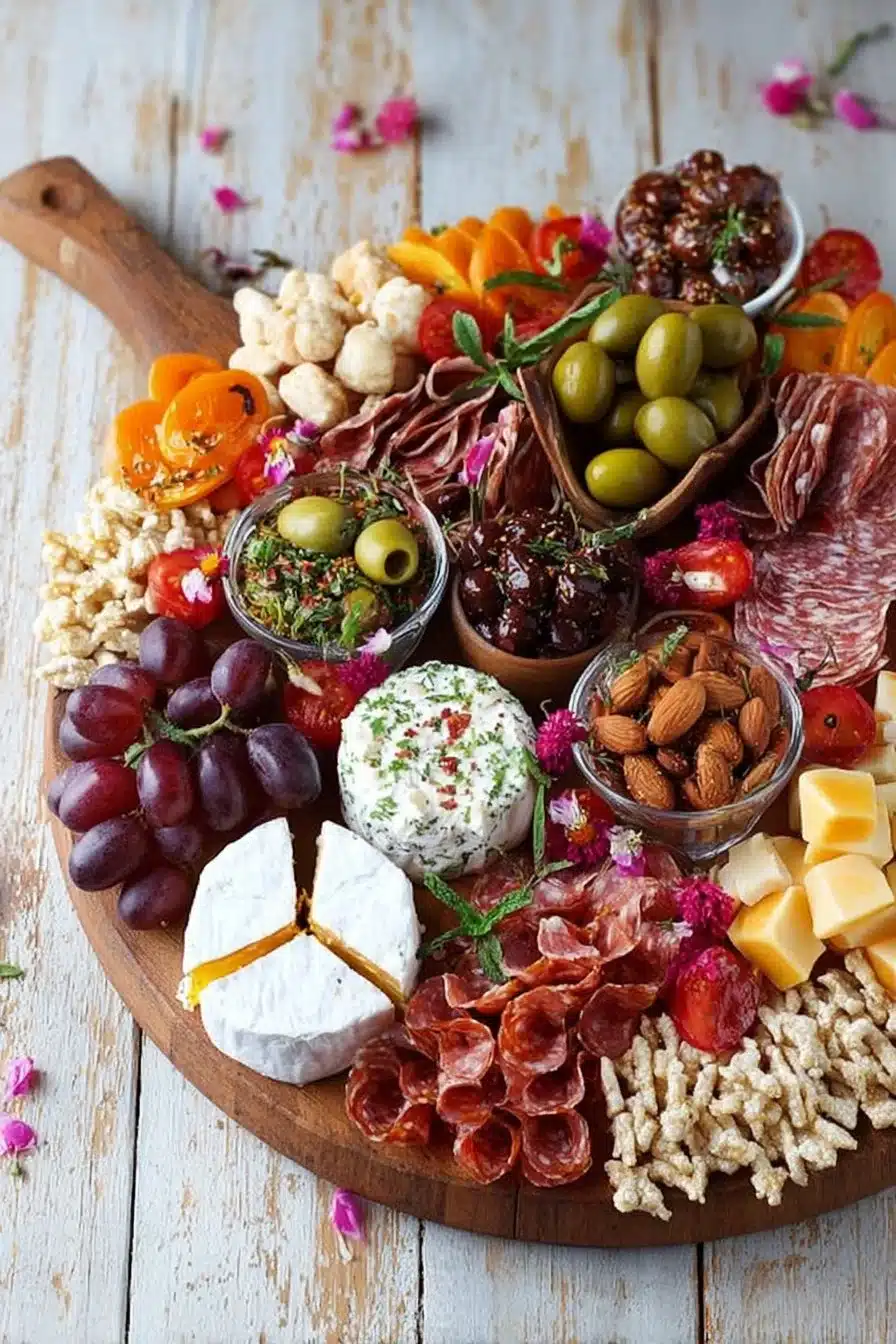 Planche apéritive festive pour la fête des mères avec fromages et charcuterie.