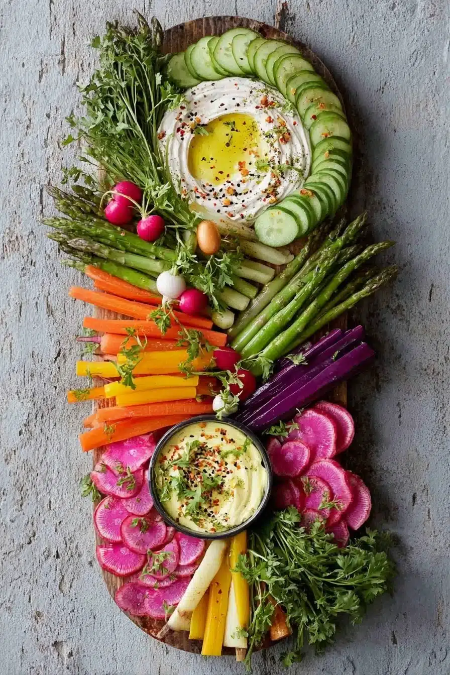 Plateau apéro aux légumes frais de printemps, idéal pour un apéritif convivial.