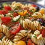 Salade de pâtes colorée avec légumes frais et vinaigrette.