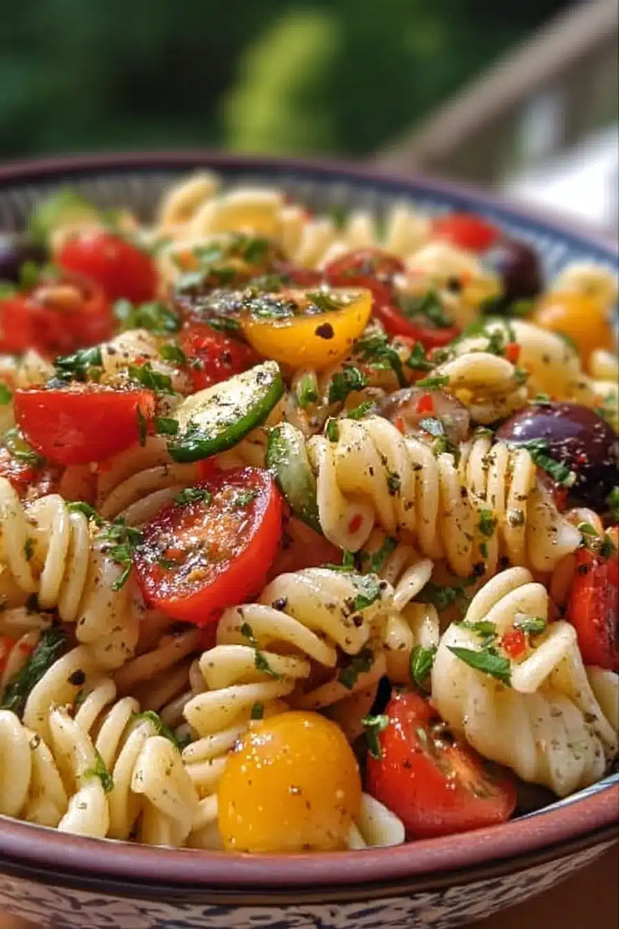 Salade de pâtes colorée avec légumes frais et vinaigrette.