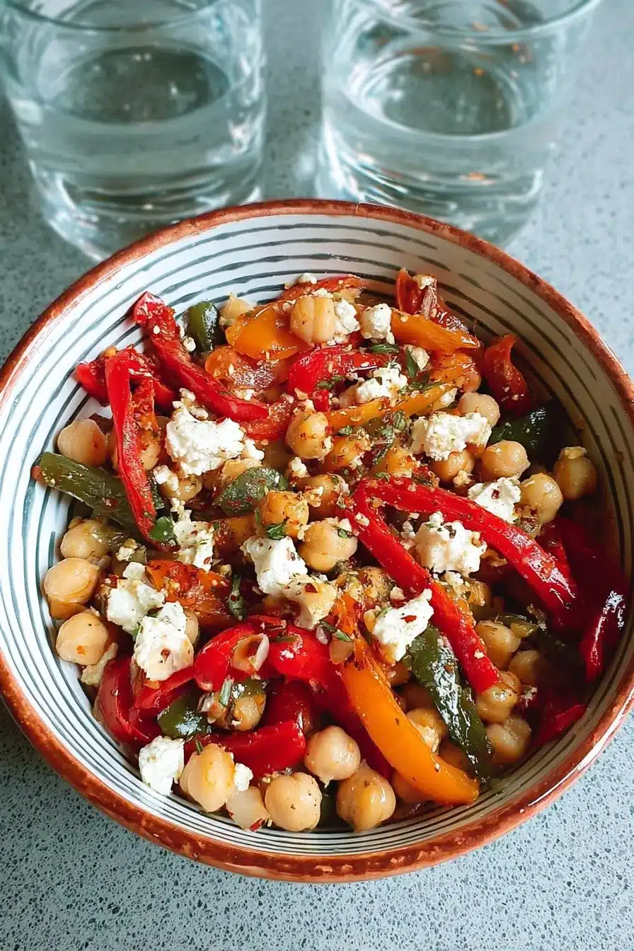 Salade de poivrons rôtis avec pois chiches et feta dans un bol coloré
