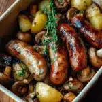 Saucisses de porc avec champignons et pommes de terre au four, plat savoureux.