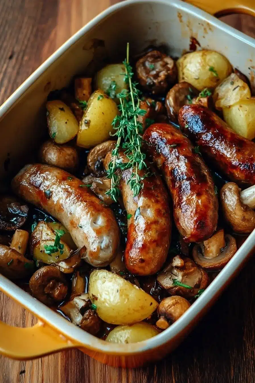 Saucisses de porc avec champignons et pommes de terre au four, plat savoureux.