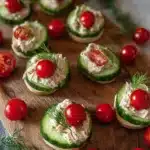 Toasts de concombre au thon et tomate cerise sur un plat élégant.