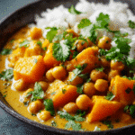 Curry de potimarron et pois chiches végétarien au lait de coco, parfumé et crémeux
