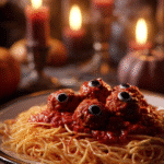 Spaghetti ensanglantés Halloween avec boulettes en forme de globes oculaires et sauce tomate rouge