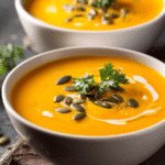 Bol de soupe de potimarron crémeuse garni de graines de courge