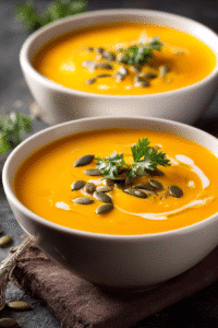 Bol de soupe de potimarron crémeuse garni de graines de courge