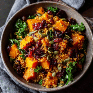 Salade tiède de potimarron rôti, quinoa et cranberries, healthy et colorée