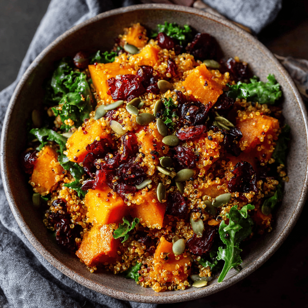 Salade tiède de potimarron rôti, quinoa et cranberries, healthy et colorée