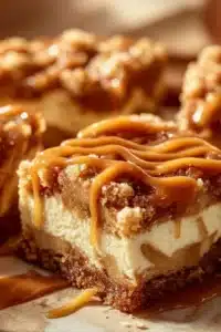 Barres de cheesecake aux pommes caramélisées décorées et prêtes à déguster.