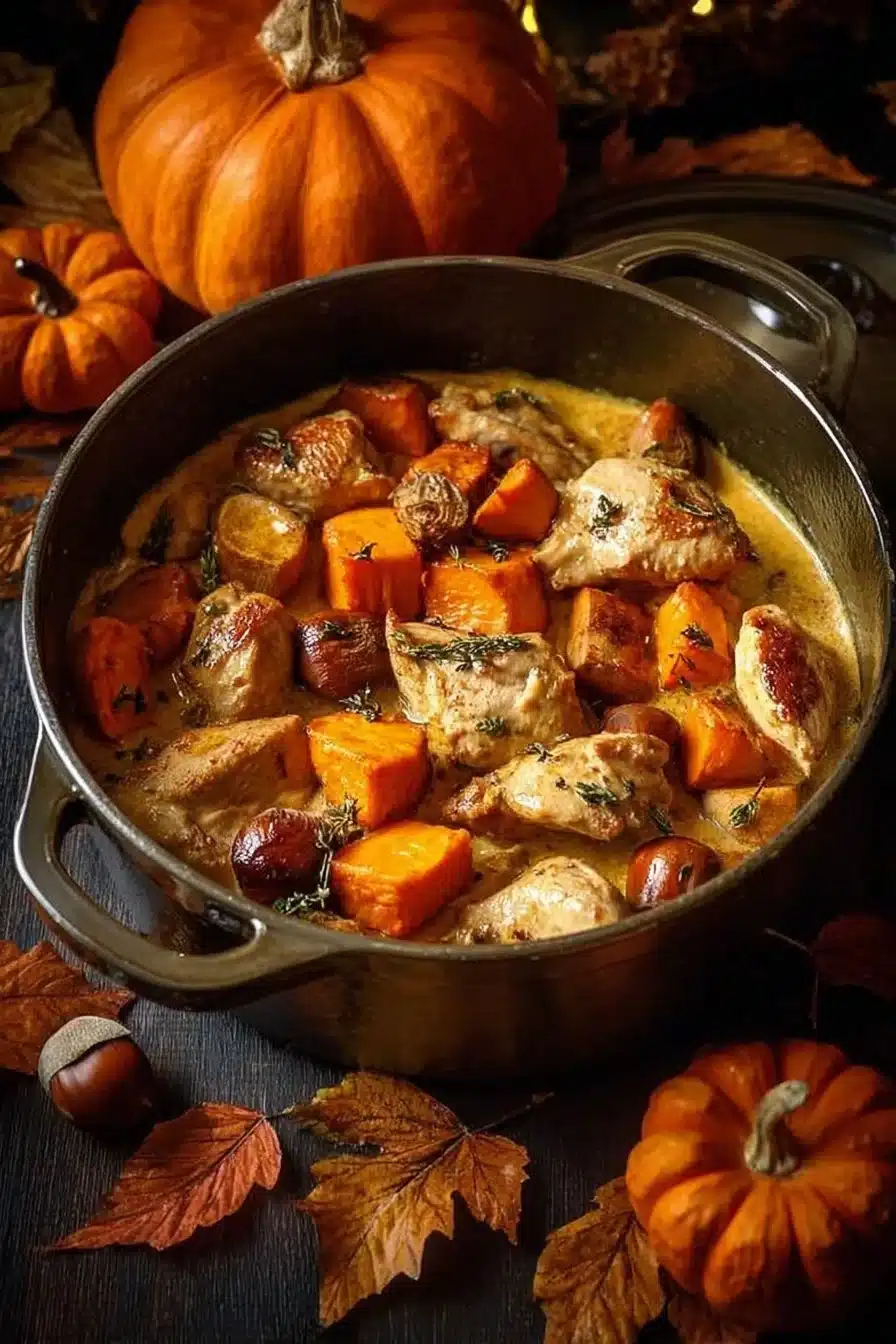 Blanquette de Dinde Automnale avec Potiron et Marrons dans une assiette