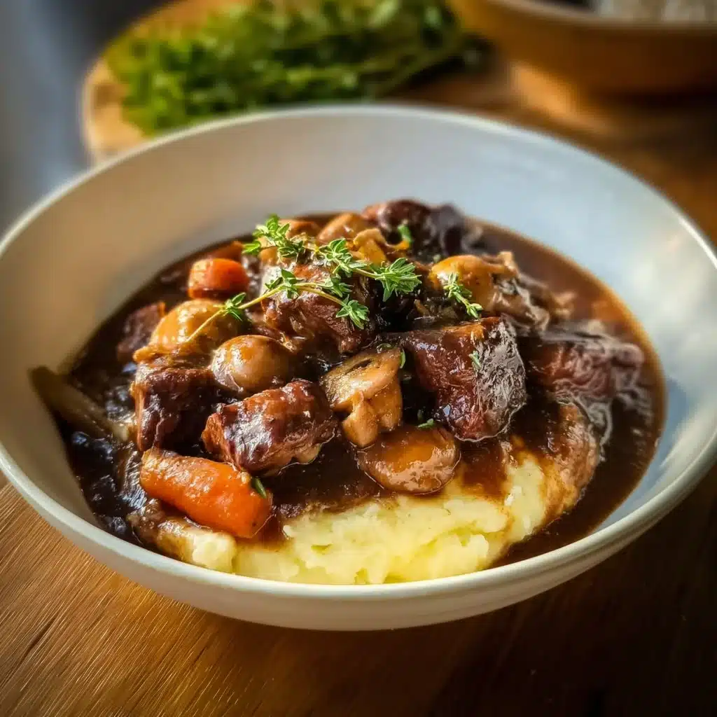 Un plat savoureux de Boeuf Bourguignon avec des légumes et du vin rouge.