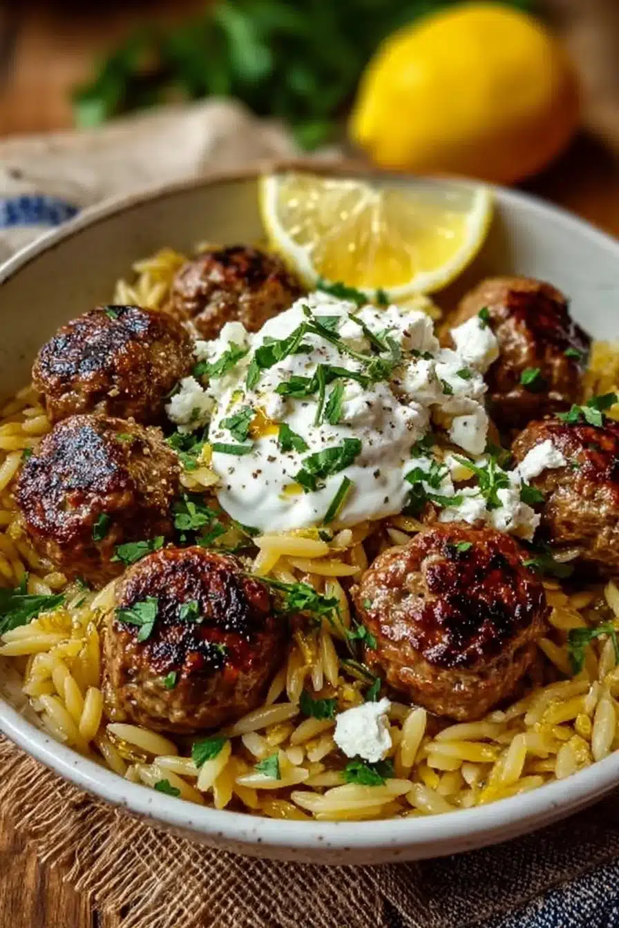 Boulettes Grecques avec Orzo Citronné et Crème de Feta présentées dans une assiette colorée