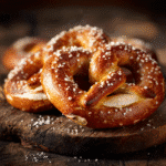 Bretzel alsacien traditionnel doré, croustillant et salé, sur planche en bois