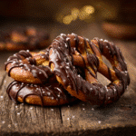 Bretzel au chocolat maison, doré et nappé de chocolat fondant sur planche rustique