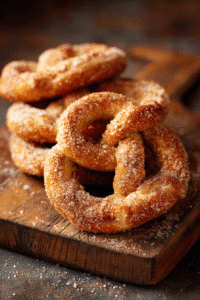 Bretzel sucré à la cannelle maison, doré et enrobé de sucre parfumé