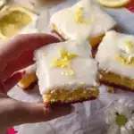 Brownies au citron moelleux et acidulés sur une assiette décorée.