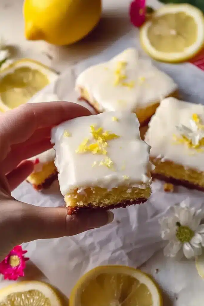 Brownies au citron moelleux et acidulés sur une assiette décorée.