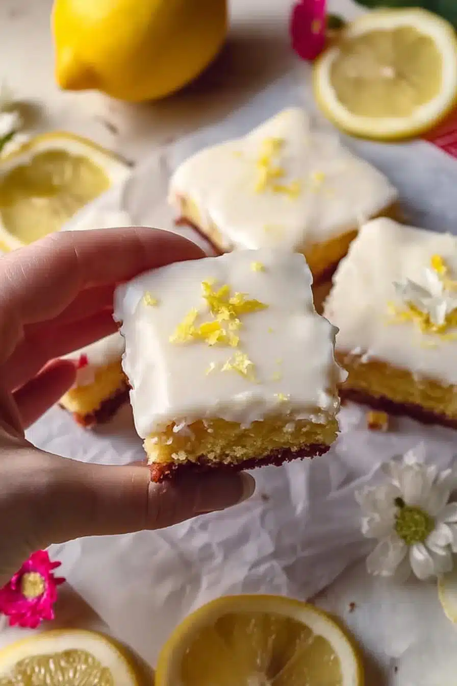 Brownies au citron moelleux et acidulés sur une assiette décorée.