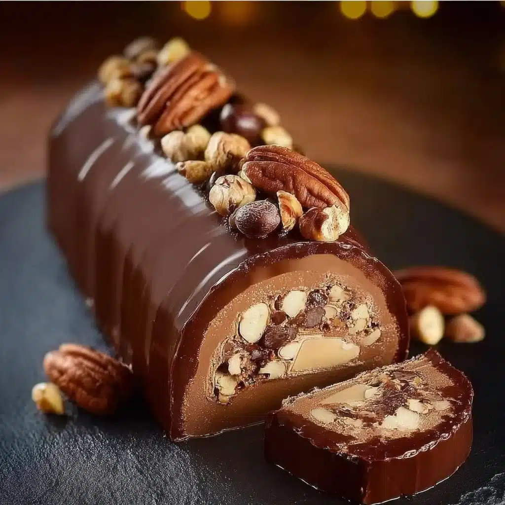 Bûche au chocolat et caramel présentée sur une table de fête