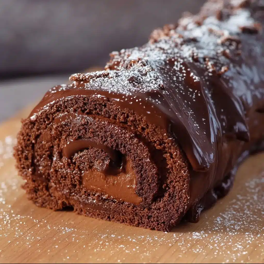 Bûche de Noël au chocolat garnie de décoration festive