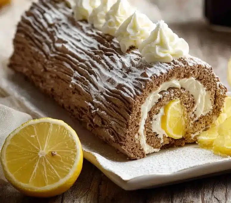 Bûche de Noël au citron décorée pour les fêtes de fin d'année