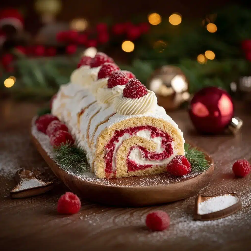 Bûche de Noël au Mascarpone, Chocolat Blanc et Framboises sur table de Noël