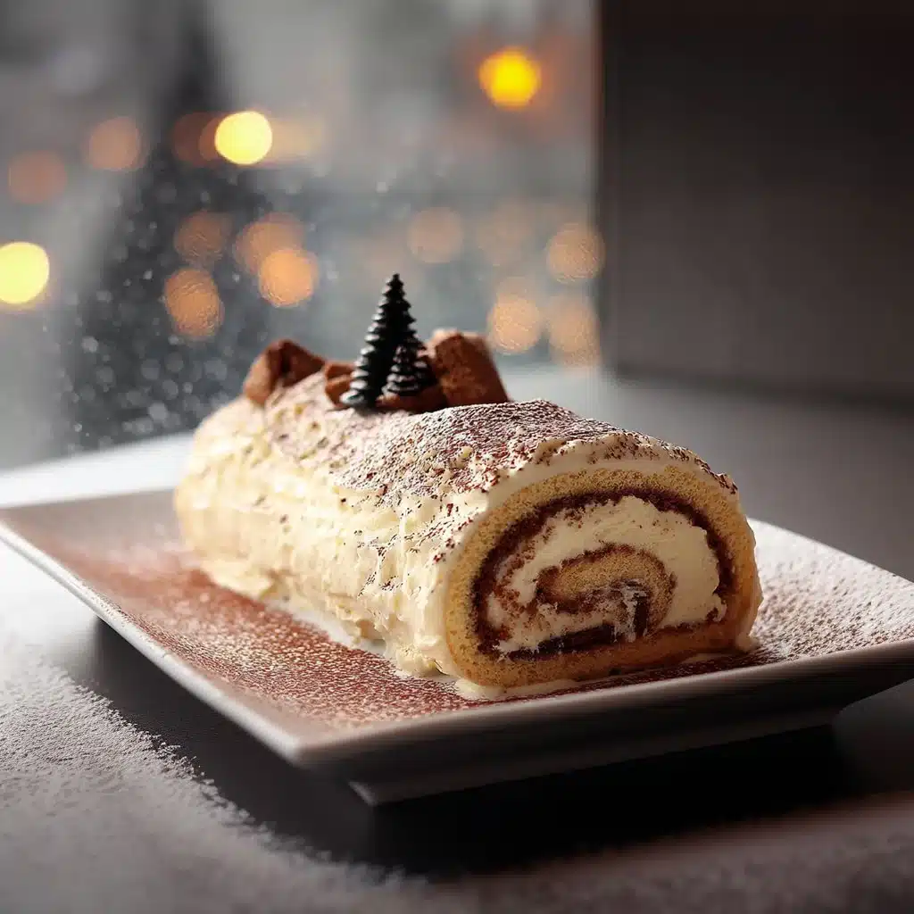 Bûche de Noël façon Tiramisu, dessert festif et crémeux pour les fêtes.