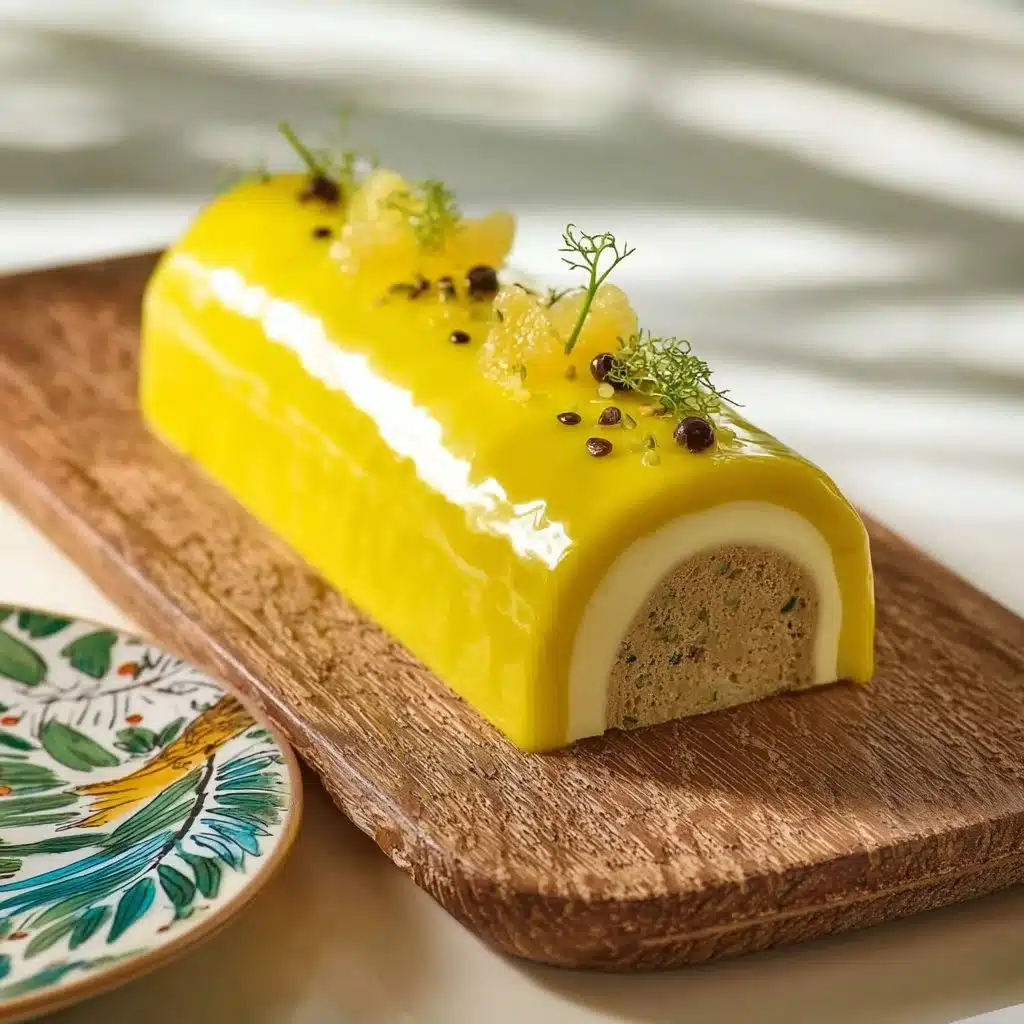 Bûche de Noël Mangue Passion Vanille décorée pour les fêtes.