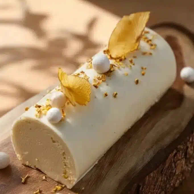Bûche de Noël poire et sarrasin décorée pour les fêtes