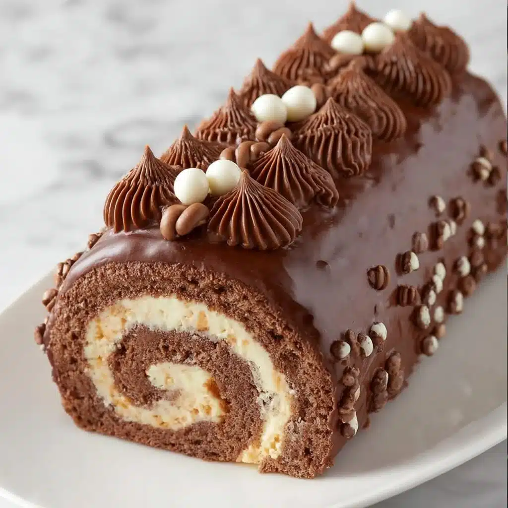Bûche roulée au chocolat décorée de chantilly et de copeaux de chocolat