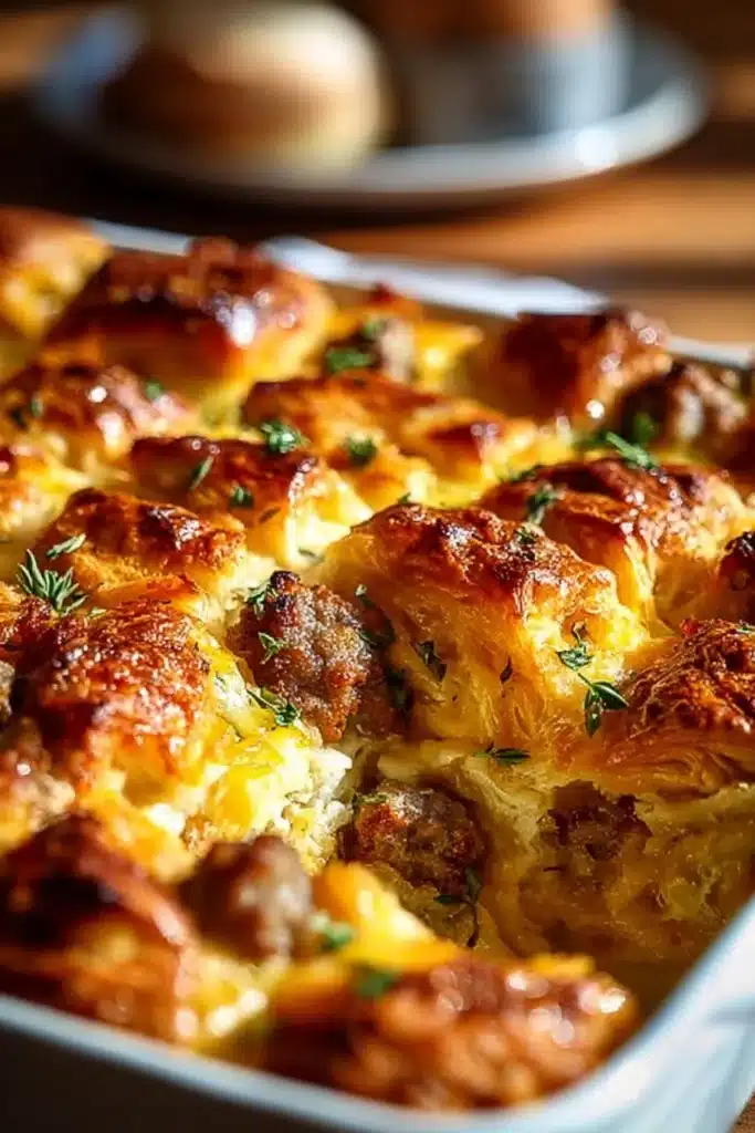 Casserole de petit-déjeuner aux croissants dorés et garnitures appétissantes