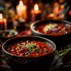 Chili sanglant Halloween – chili con carne épicé et festif dans des bols décorés