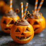 Clémentines farcies à la mousse au chocolat façon citrouilles d’Halloween, dessert gourmand et festif.