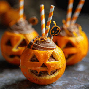 Clémentines farcies à la mousse au chocolat façon citrouilles d’Halloween, dessert gourmand et festif.