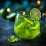 Cocktail vert Halloween aux vers gélifiés dans un verre transparent