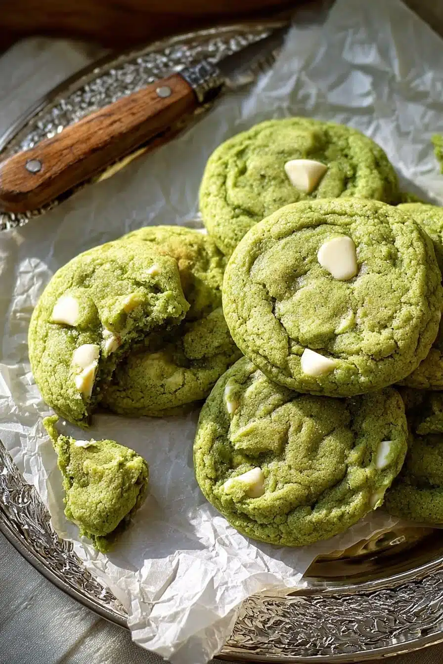 Cookies au thé matcha avec pépites de chocolat blanc sur une assiette