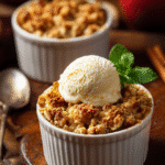 Crumble aux pommes individuel en ramequins avec glace vanille, dessert automnal