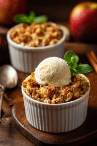 Crumble aux pommes individuel en ramequins avec glace vanille, dessert automnal