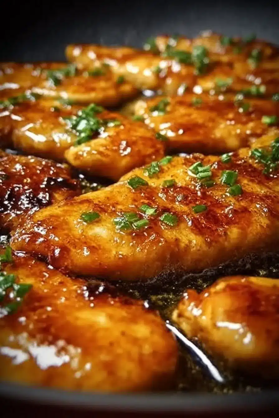 Escalopes de poulet caramélisées à l'ail, miel et sauce soja sur une assiette.